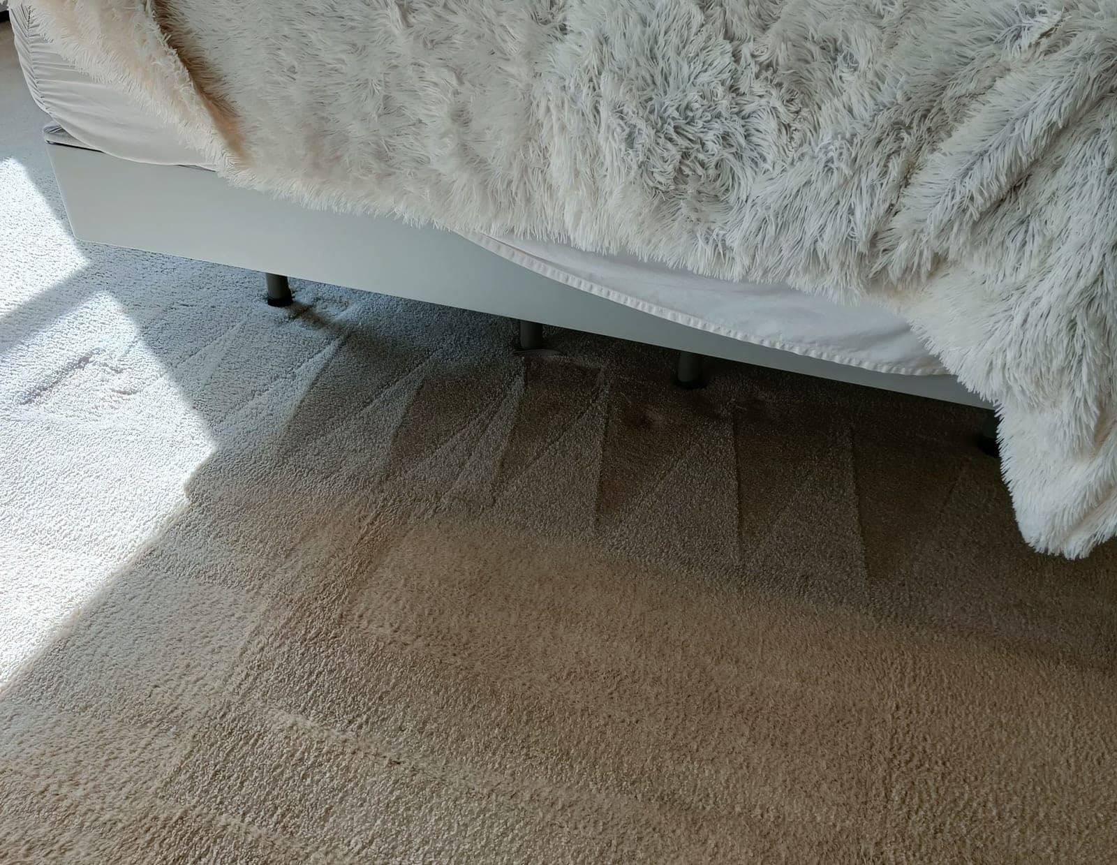 Bed with a plush white comforter over freshly cleaned bedroom carpet with wand marks — mattress cleaning in NJ