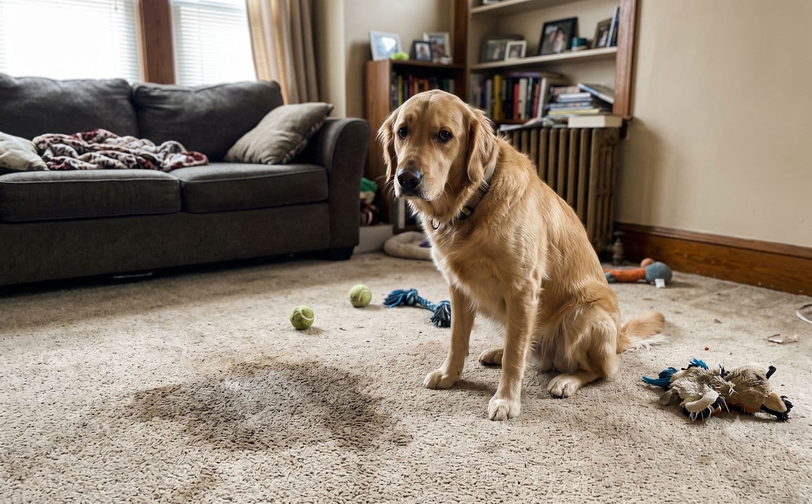 Golden retriever beside a dark pet urine stain on beige carpet, before enzyme pet-stain treatment