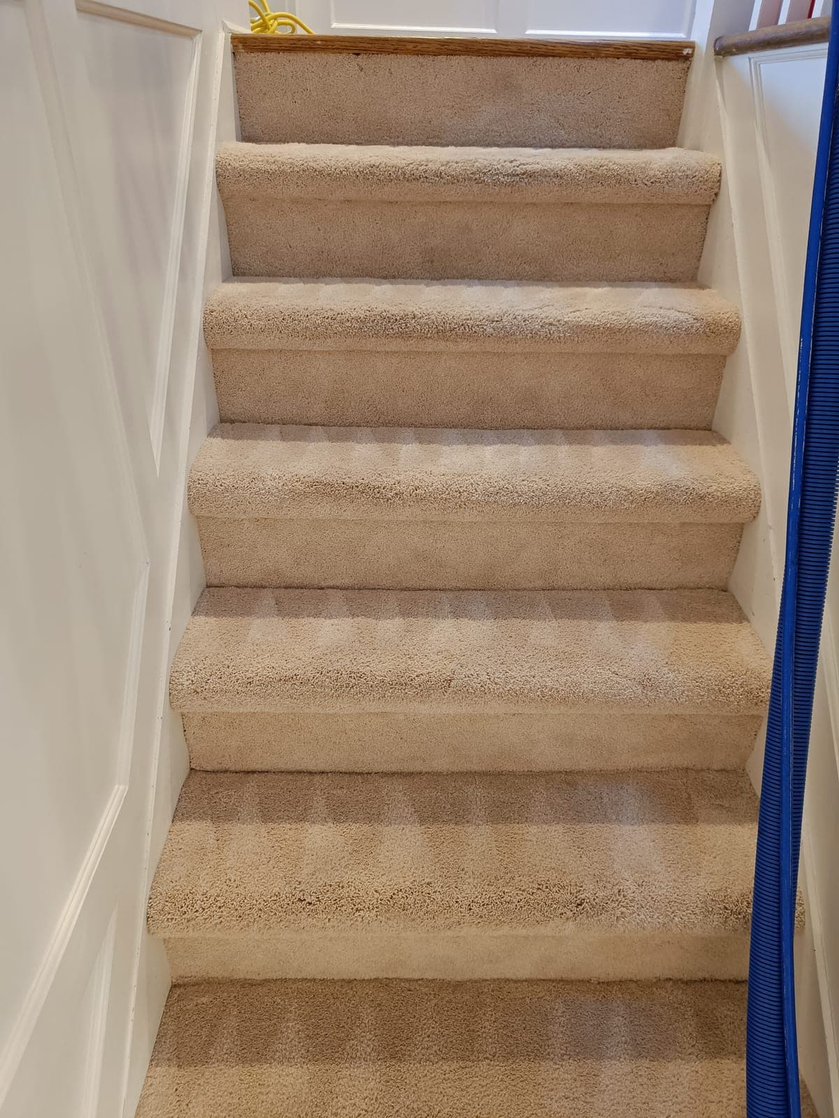 Straight beige carpeted staircase after new carpet installation in a Bergen County NJ home