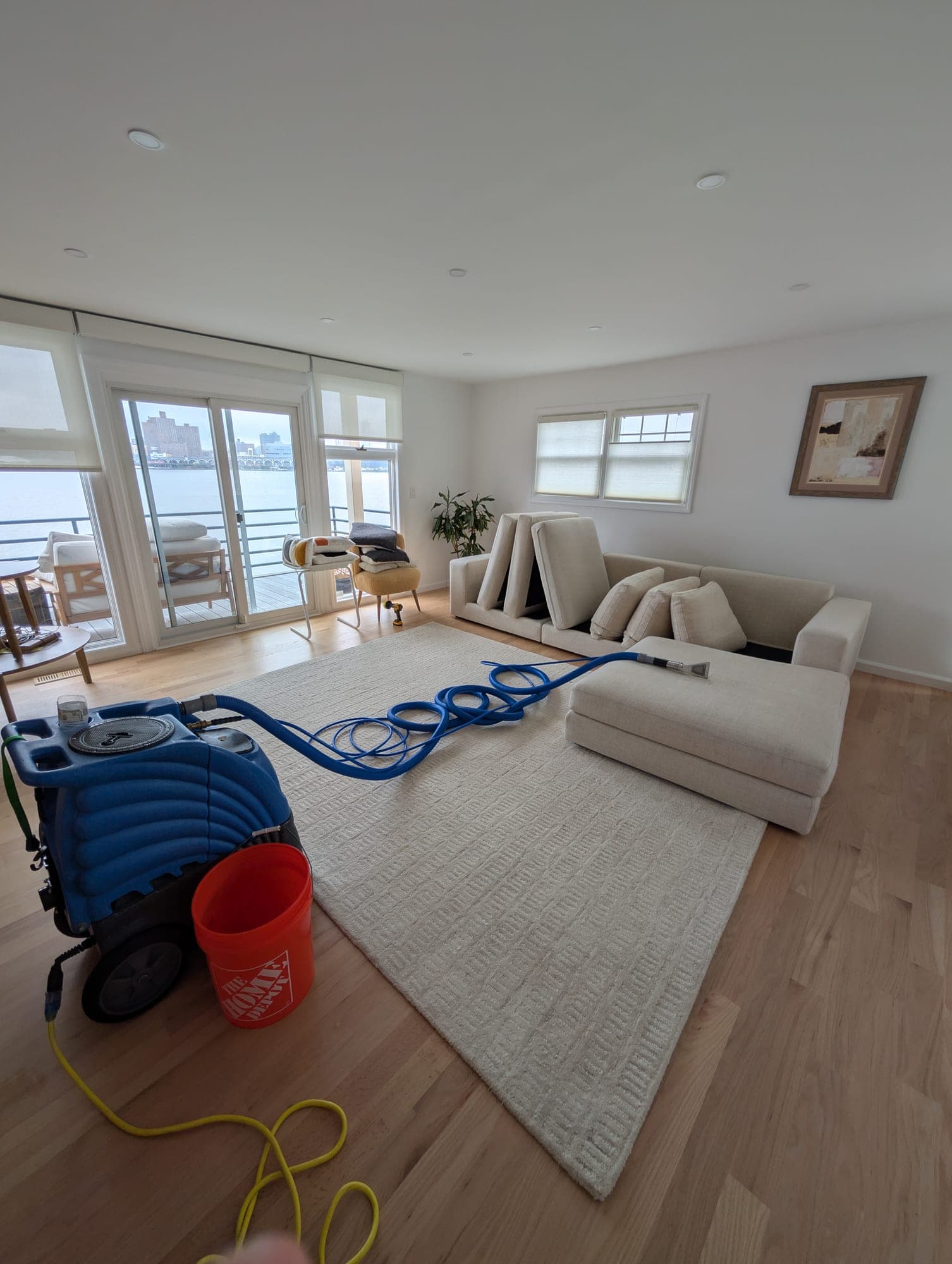Freshly cleaned cream wool area rug in a bright NJ waterfront living room with floor-to-ceiling windows